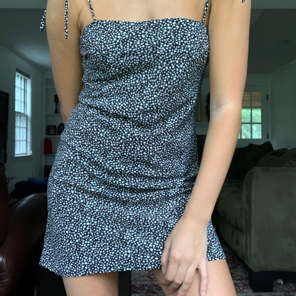 PRINCESS POLLY navy polka dot dress